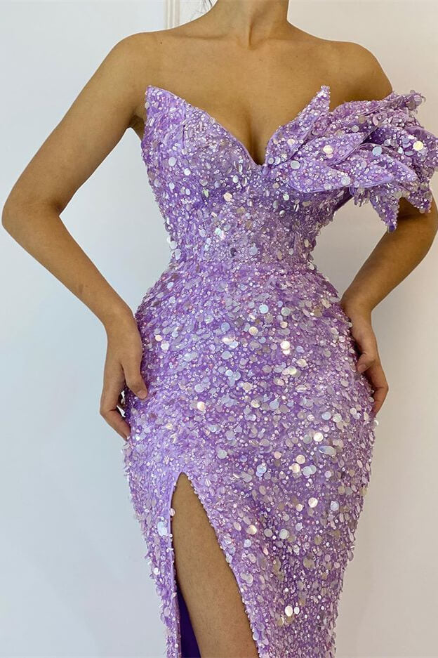 Pretty Lilac V-Neck Off-The-Shoulder Mermaid Prom Dress-BallBride