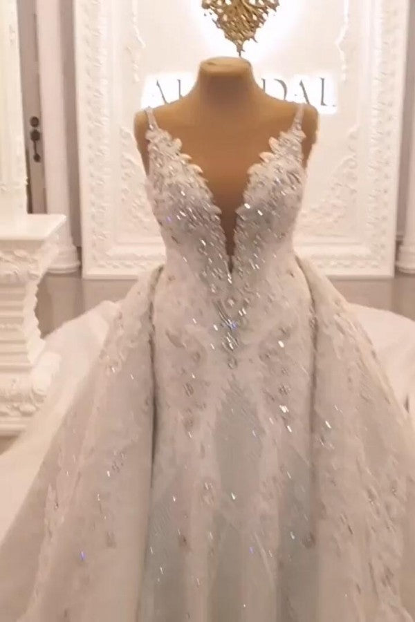 Pretty Sweetheart Spaghetti-Straps Wedding Dress With Lace Appliques-Wedding Dresses-BallBride