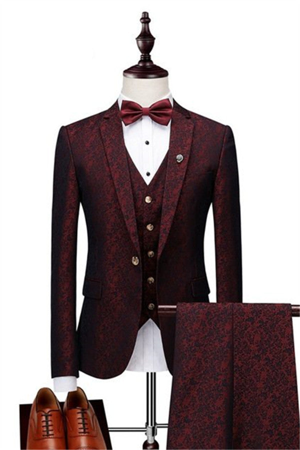 Prom-Ready Three Piece Jacquard Men's Suit in Wine Ruby-Business & Formal Suits-BallBride