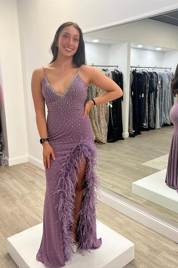 Purple Feather Beaded Long Spaghetti-Straps Prom Dress-BallBride