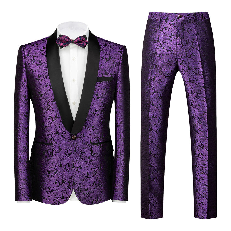 Purple Jacquard Easy Fit Black Lapel Wedding Tuxedo-Wedding Suits-BallBride