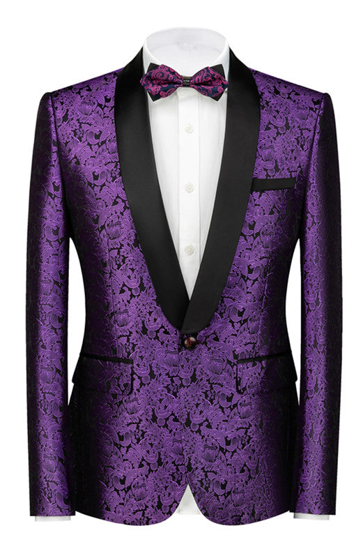 Purple Jacquard Easy Fit Black Lapel Wedding Tuxedo-Wedding Suits-BallBride