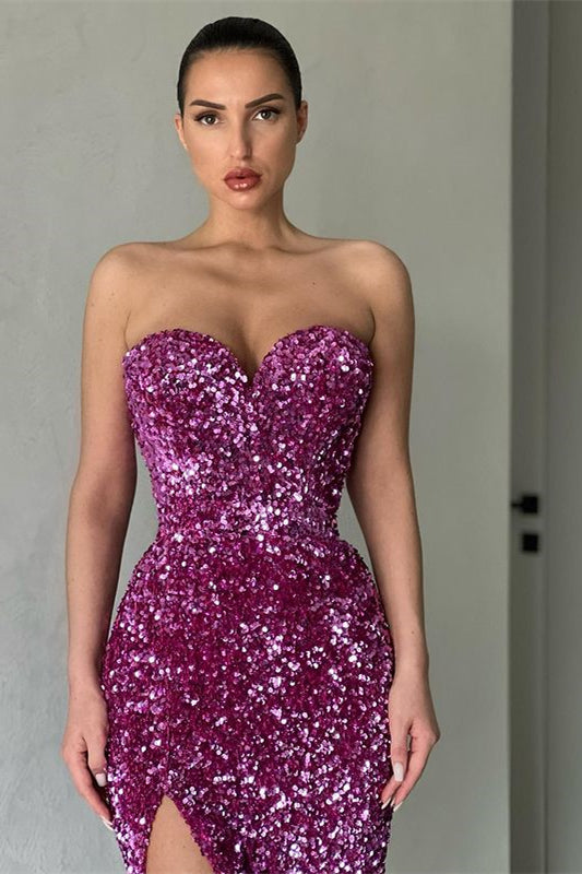Purple Mermaid Evening Dress with Split - Sweetheart Sequins-Evening Dresses-BallBride