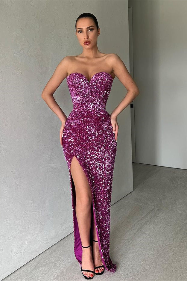 Purple Mermaid Evening Dress with Split - Sweetheart Sequins-Evening Dresses-BallBride
