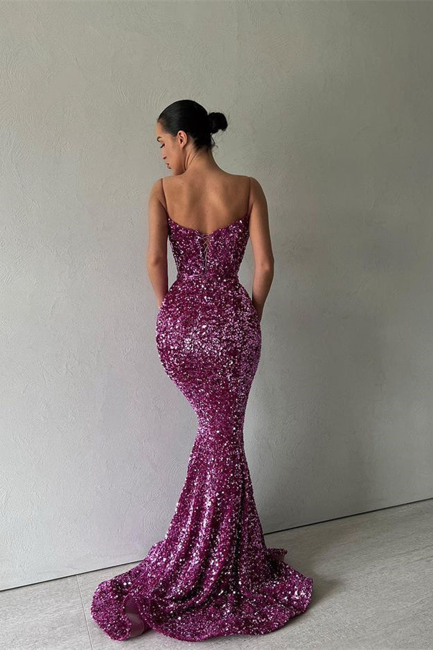 Purple Mermaid Long Evening Dress with Spaghetti Straps and Sequins-Evening Dresses-BallBride