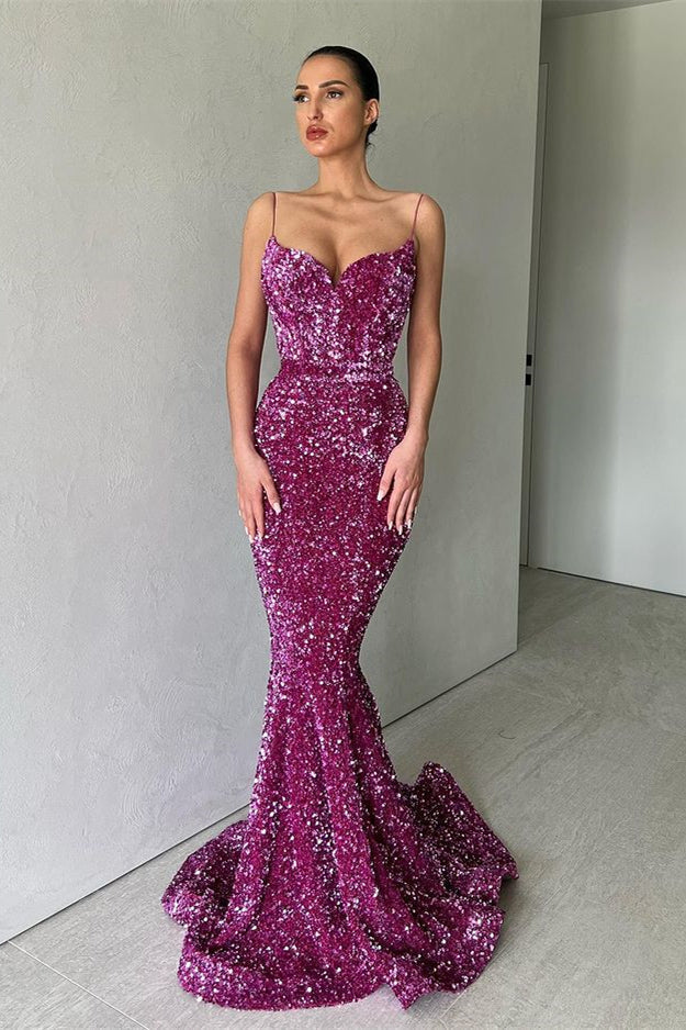 Purple Mermaid Long Evening Dress with Spaghetti Straps and Sequins-Evening Dresses-BallBride