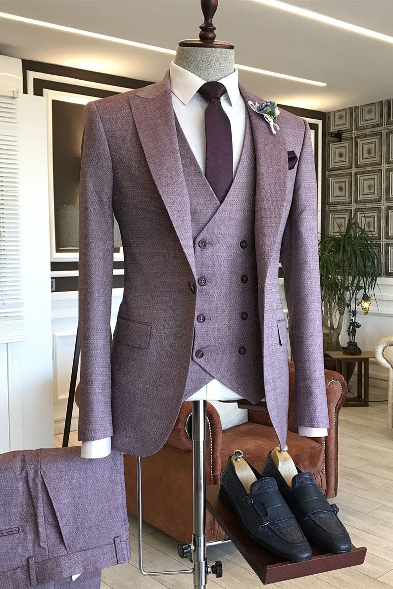 Purple Plaid Groomsmen Outfits with One Button Peaked Lapel-Prom Suits-BallBride