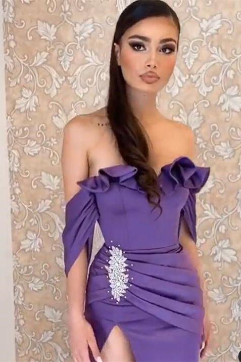 Purple Split Prom Dress - Off the Shoulder Style-BallBride