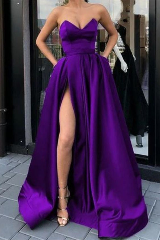 Purple Split Sweetheart Long Prom Dress with Pockets-BallBride