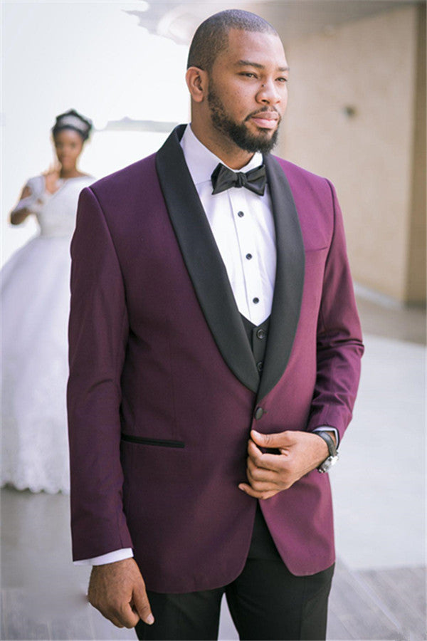 Purple Three-Piece Easy Fit Wedding Suit with Black Lapel-Wedding Suits-BallBride
