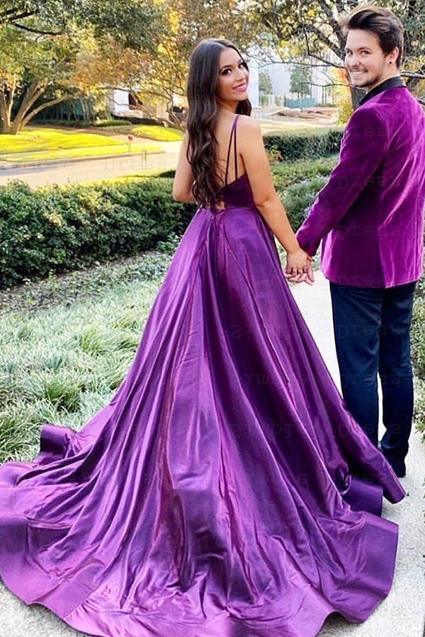 Purple V-Neck Prom Dress with Spaghetti-Straps-BallBride