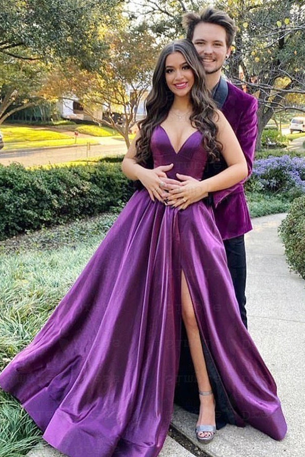 Purple V-Neck Prom Dress with Spaghetti-Straps-BallBride