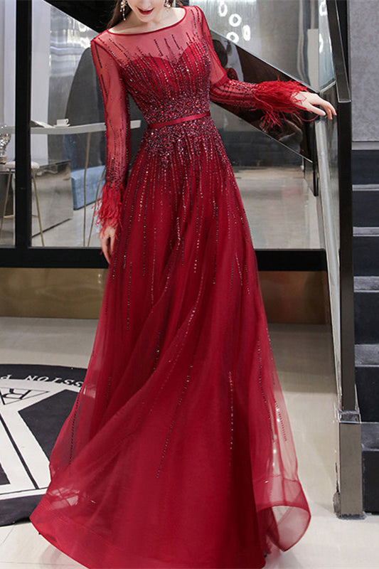 Red Evening Dress with Feather & Sequins - On Sale Now!-Evening Dresses-BallBride