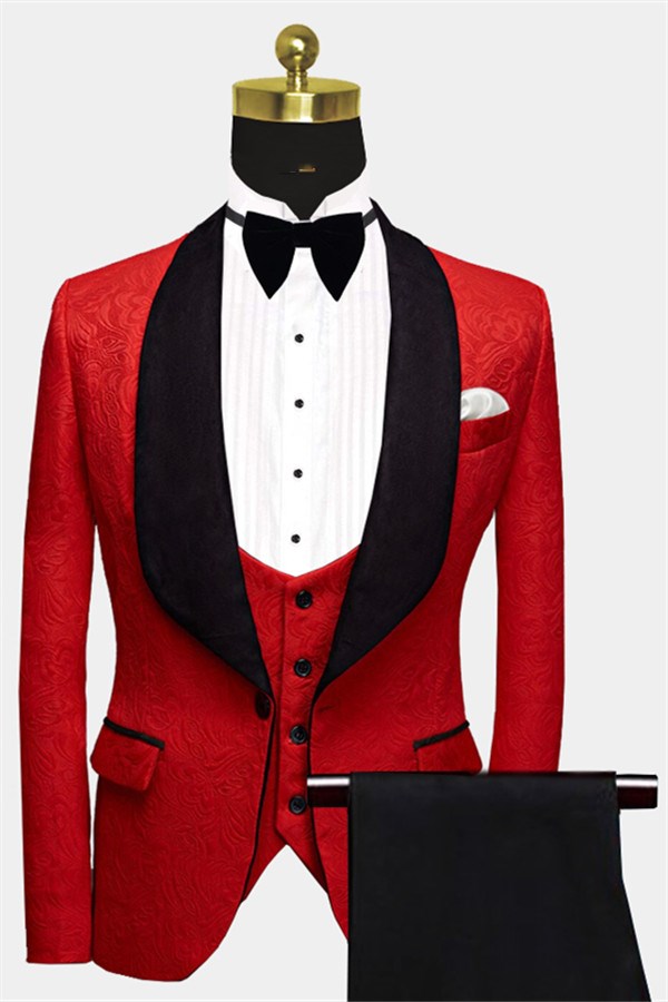 Red Floral Men's Wear: Black Lapel Three Pieces Prince Suit for Groom-Business & Formal Suits-BallBride