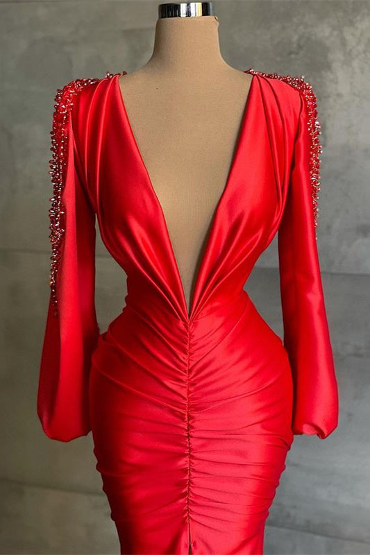 Red Mermaid Deep V-Neck Long Sleeve Prom Dress-BallBride