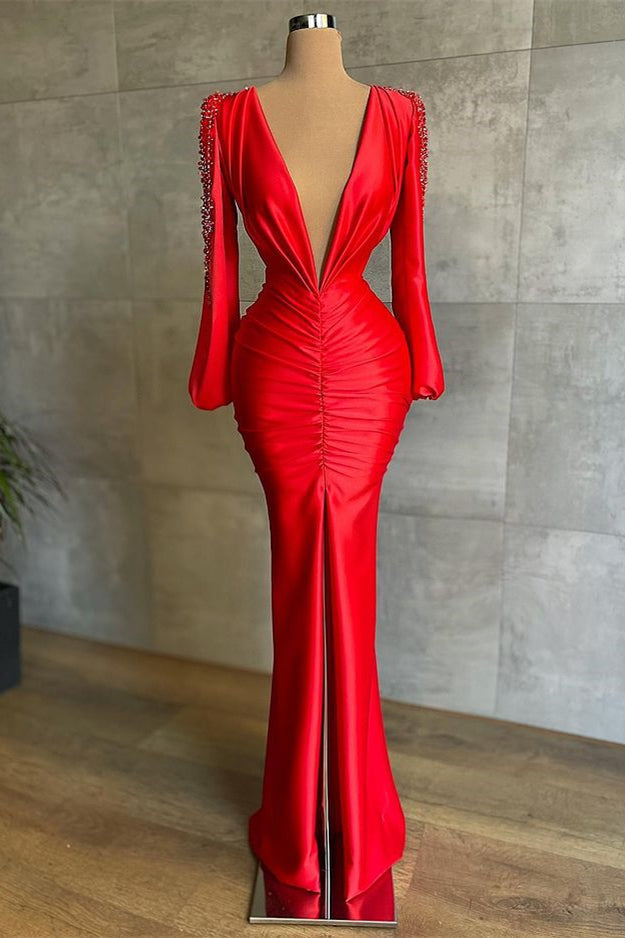 Red Mermaid Deep V-Neck Long Sleeve Prom Dress-BallBride