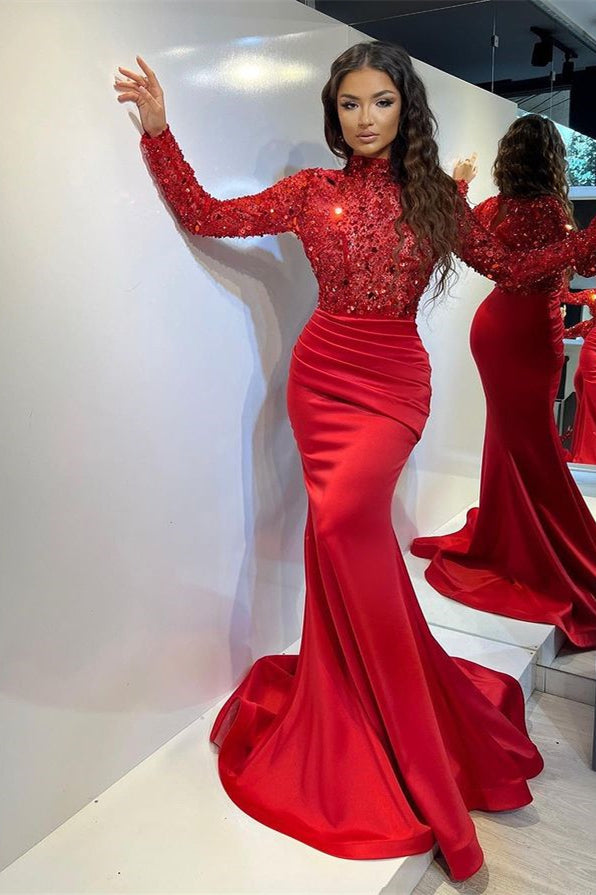 Red Mermaid Evening Dress with Sparkling Sequins-Evening Dresses-BallBride