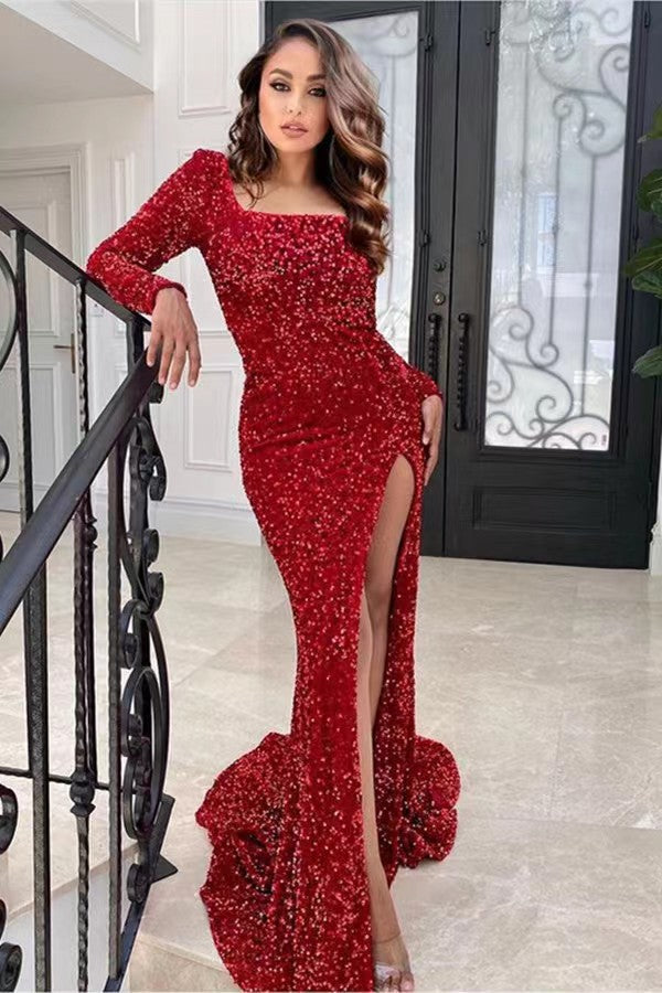 Red Mermaid Long Sleeves Prom Dress with Square Sequins and Split-BallBride