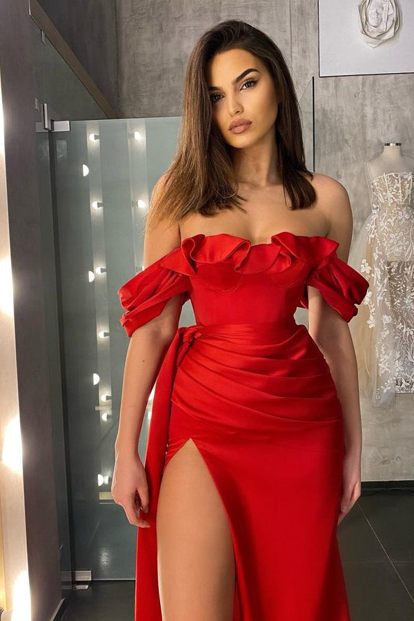 Red Mermaid Off-The-Shoulder Prom Dress-BallBride