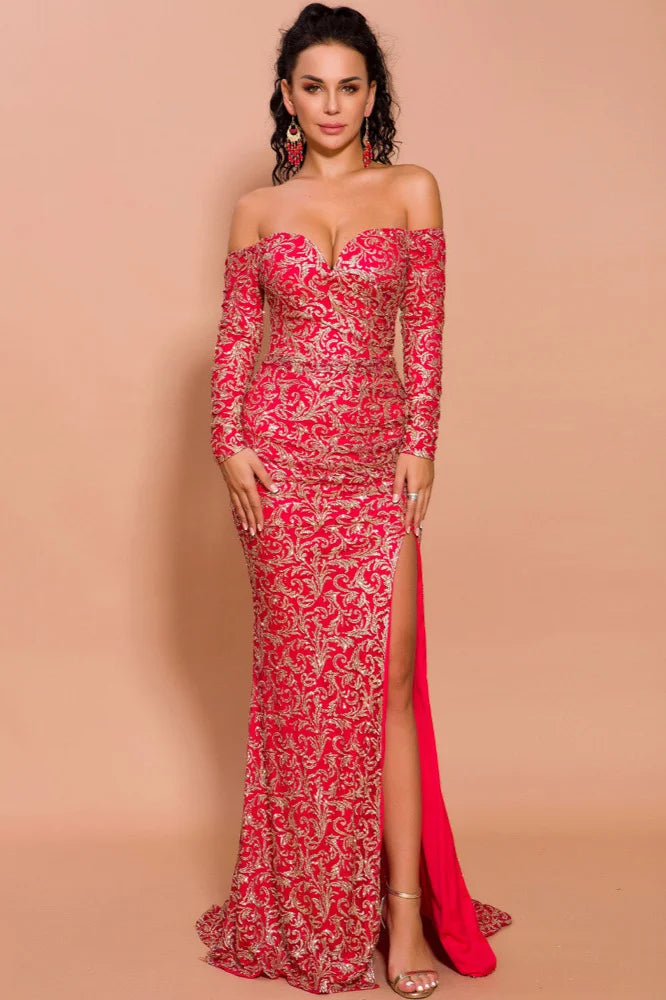 Red Off-the-Shoulder Mermaid Prom Dress Long Sleeves Lace Appliques Evening Gowns With Split-BallBride