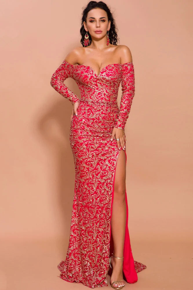 Red Off-the-Shoulder Mermaid Prom Dress Long Sleeves Lace Appliques Evening Gowns With Split-BallBride