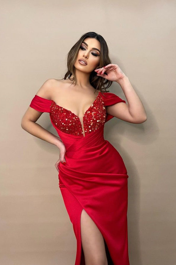Red Off-the-Shoulder Sequins Mermaid Prom Dress with Slit-Occasion Dress-BallBride