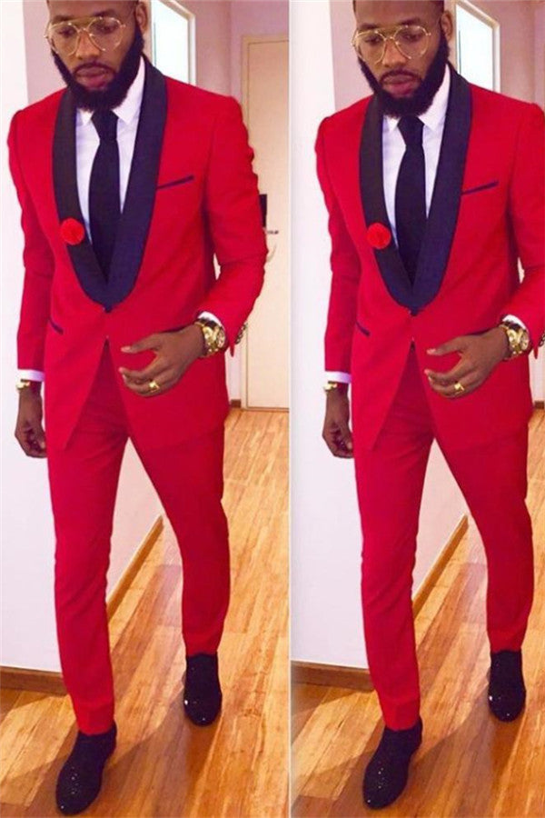 Red One Button Tuxedo Wedding Two Pieces with Shawl Collar-Prom Suits-BallBride