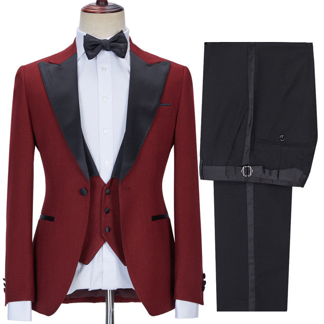 Red Peaked Lapel 3-Piece Business Prom Suit for Men-Prom Suits-BallBride