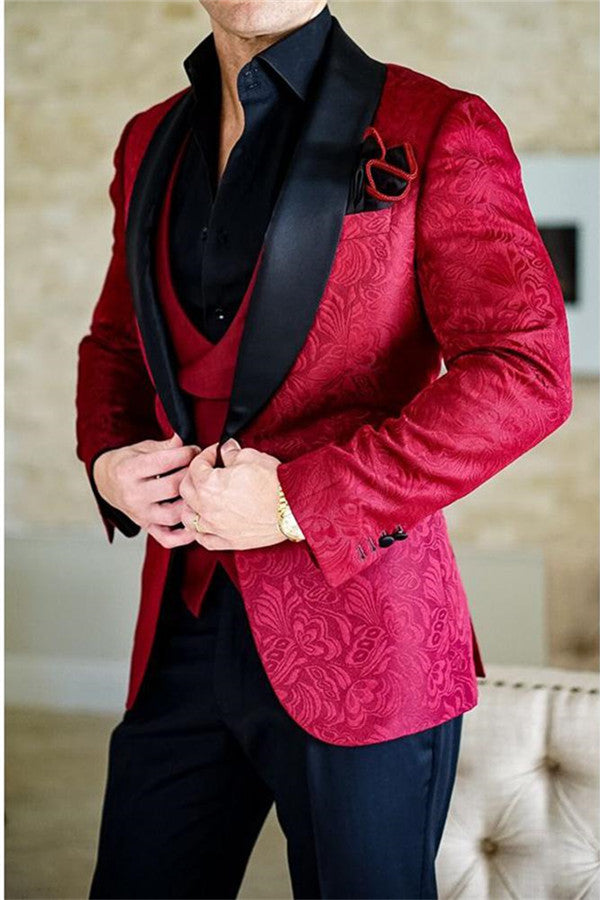 Red Shawl Lapel Jacquard Three Pieces Suit for Men - Business Slim Fit-Prom Suits-BallBride