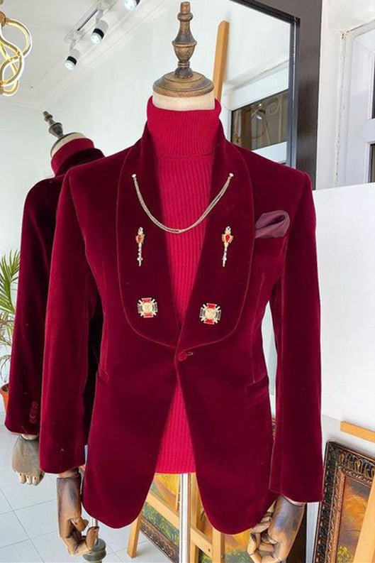 Red Velvet Shawl Lapel Wedding Suit for Groom - Fashion Style Online!-Wedding Suits-BallBride
