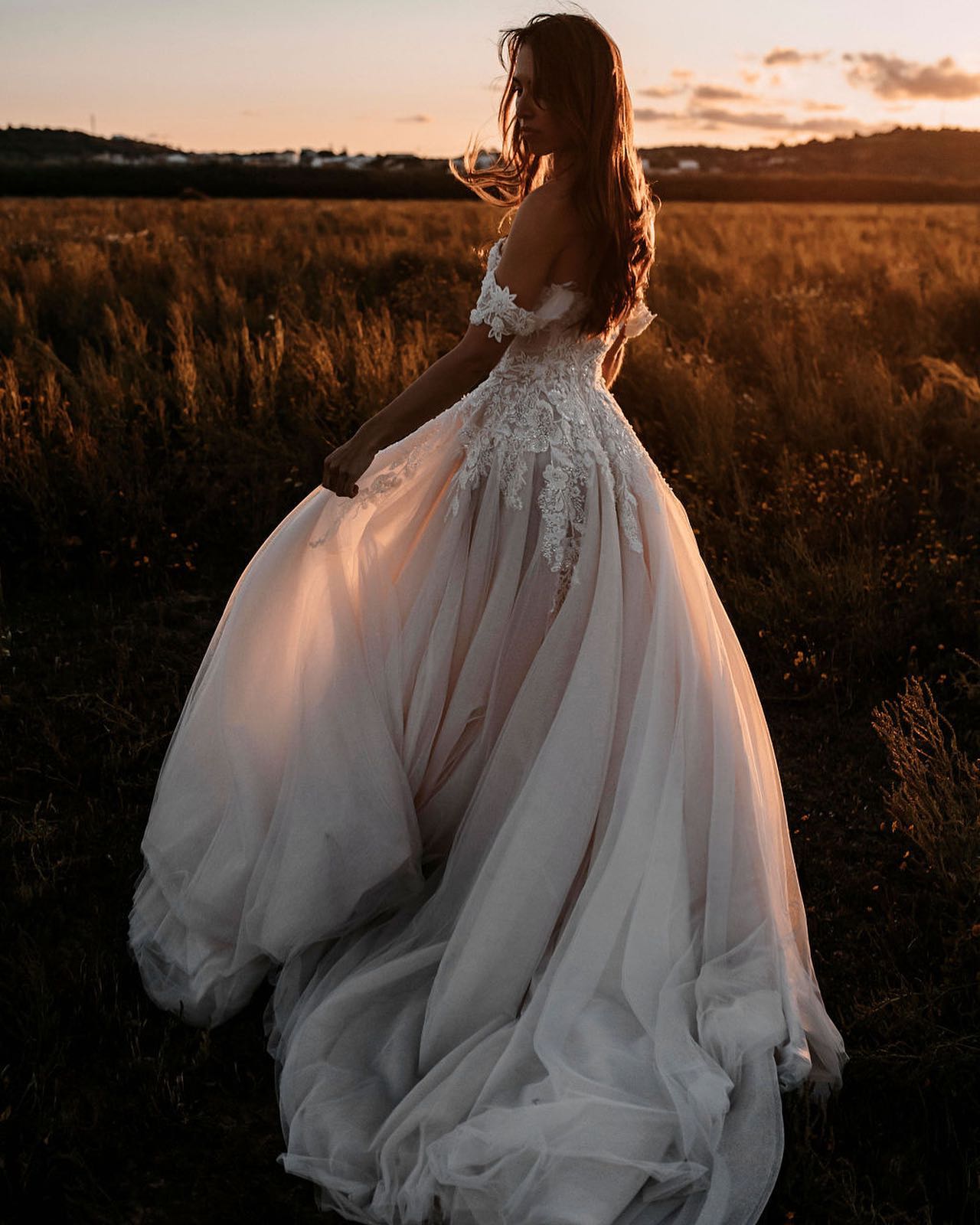 Romantic A-Line Appliques Lace Off-the-shoulder Tulle Train Wedding Dress-Wedding Dresses-BallBride