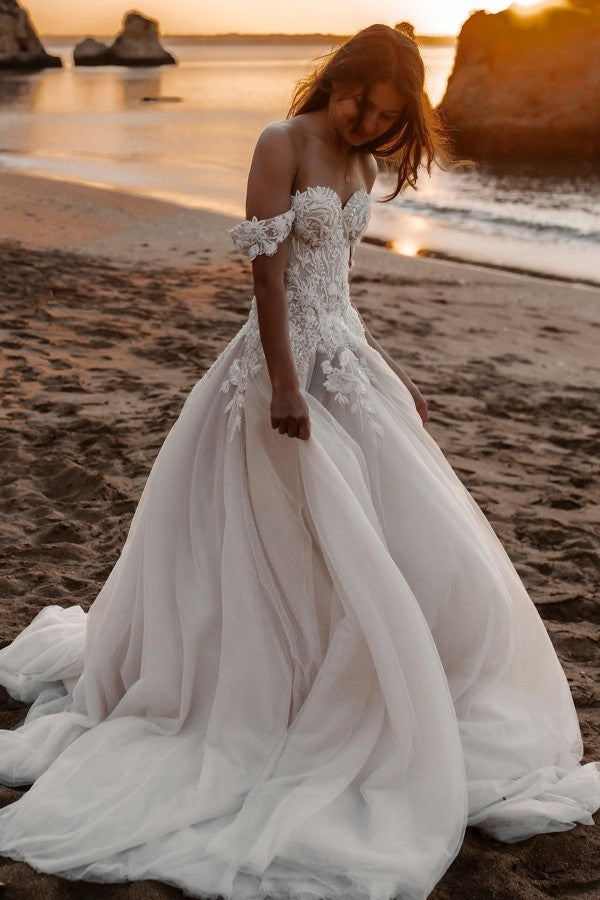 Romantic A-Line Appliques Lace Off-the-shoulder Tulle Train Wedding Dress-Wedding Dresses-BallBride