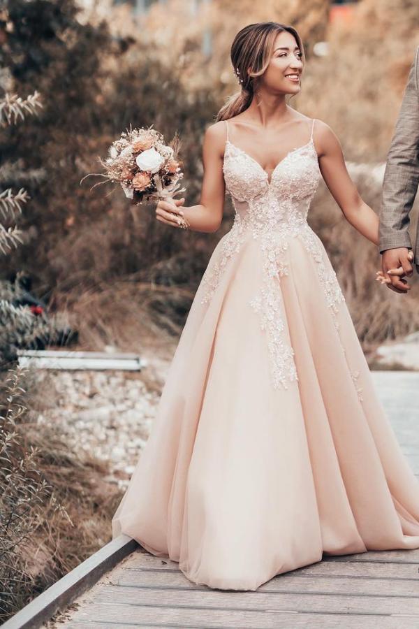 Romantic A-Line Spaghetti-Straps Long Wedding Dress With Tulle Lace-Wedding Dresses-BallBride
