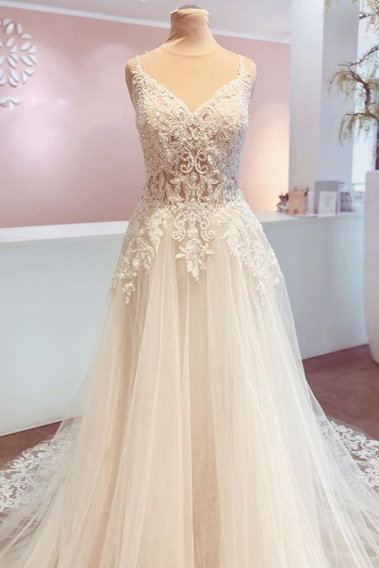 Romantic A-Line Wedding Dress with Appliques Lace and Spaghetti-Straps Backless Train-Wedding Dresses-BallBride