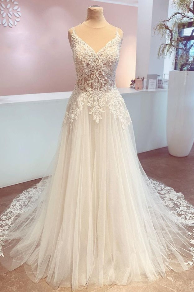 Romantic A-Line Wedding Dress with Appliques Lace and Spaghetti-Straps Backless Train-Wedding Dresses-BallBride