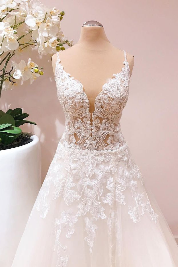 Romantic A-line Wedding Dress with Spaghetti Straps and Appliques Lace Tulle-Wedding Dresses-BallBride