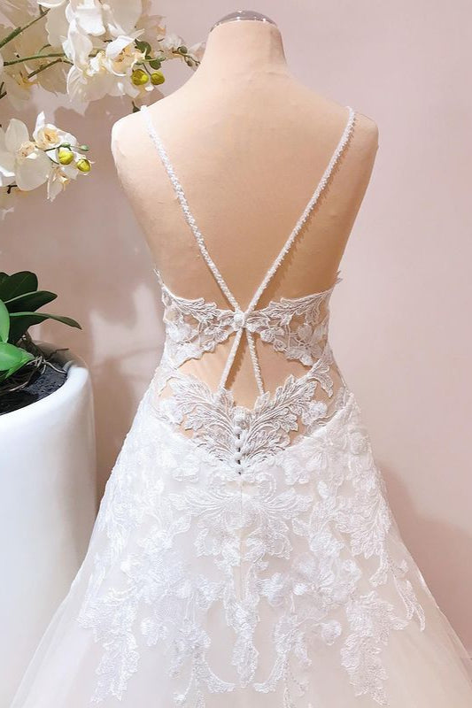 Romantic A-line Wedding Dress with Spaghetti Straps and Appliques Lace Tulle-Wedding Dresses-BallBride