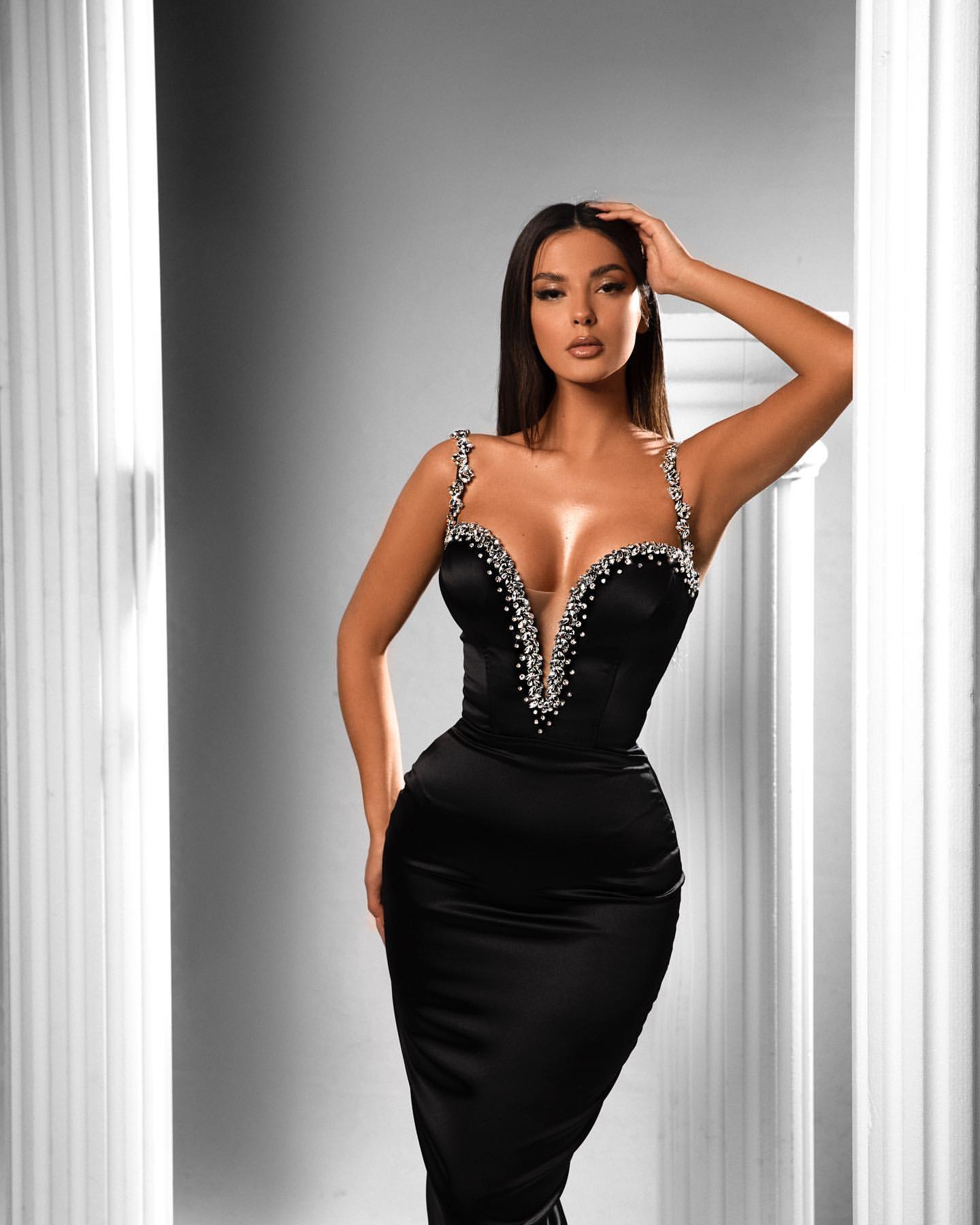 Romantic Beaded Evening Dress with Spaghetti Straps for Black Mermaids-Evening Dresses-BallBride