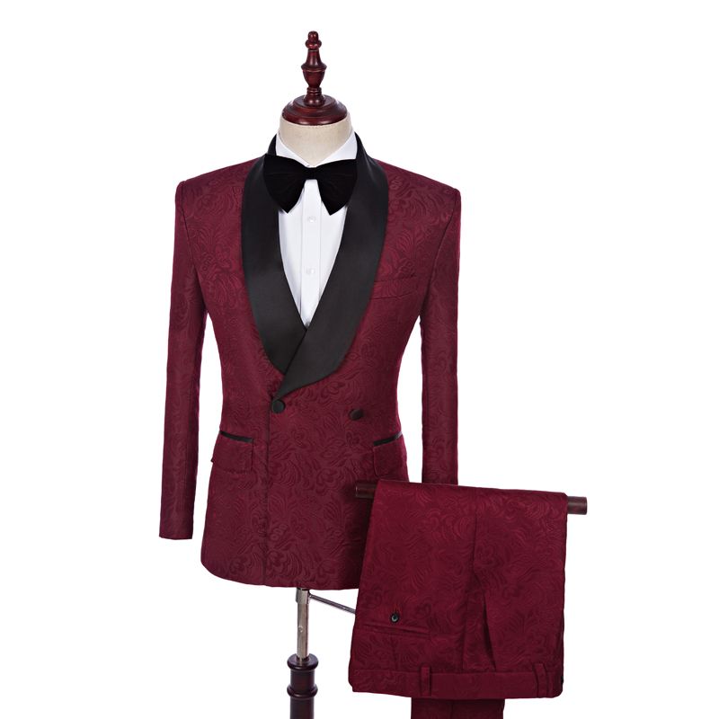 Romantic Burgundy Jacquard Double Breasted Best Fitted Wedding Tuxedo-Wedding Suits-BallBride