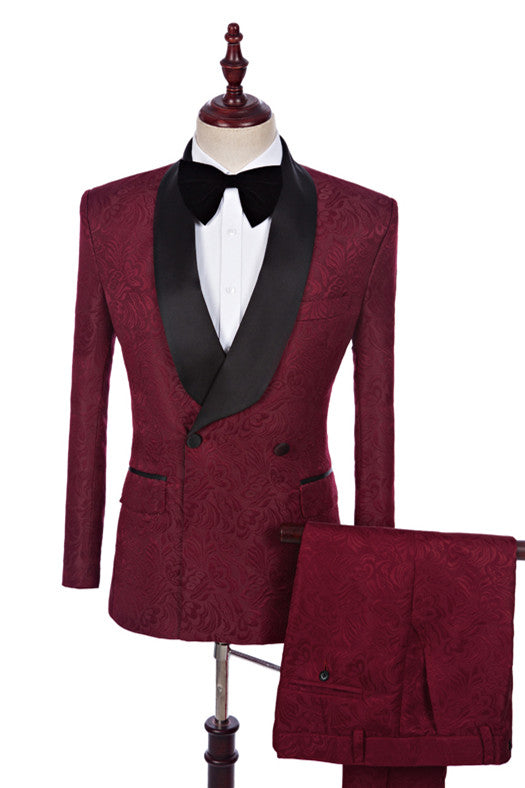 Romantic Burgundy Jacquard Double Breasted Best Fitted Wedding Tuxedo-Wedding Suits-BallBride