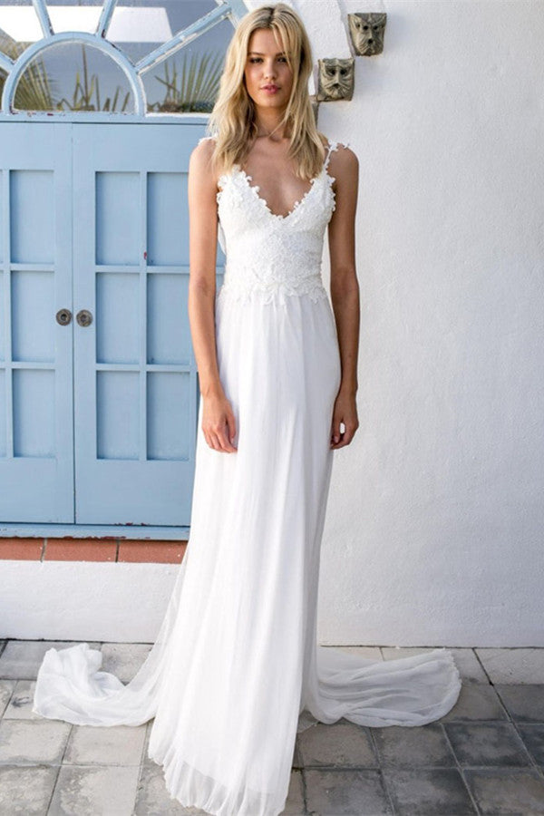 Romantic Chiffon Beach Wedding Dress with Lace Appliques-Wedding Dresses-BallBride