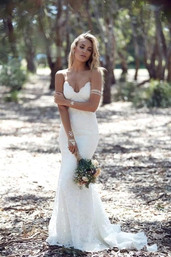 Romantic Lace Mermaid Backless Wedding Dress with Spaghetti-Straps-Wedding Dresses-BallBride