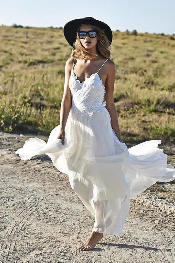 Romantic Lace Spaghetti-Straps Chiffon Long Summer Beach Wedding Dress-Wedding Dresses-BallBride