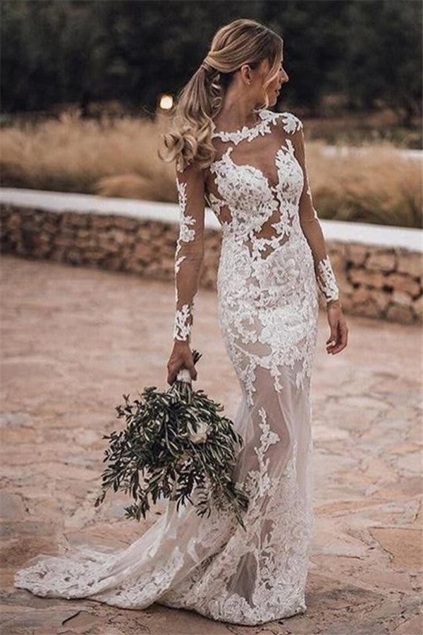 Romantic Long Sleeve Mermaid Lace Wedding Dress-Wedding Dresses-BallBride