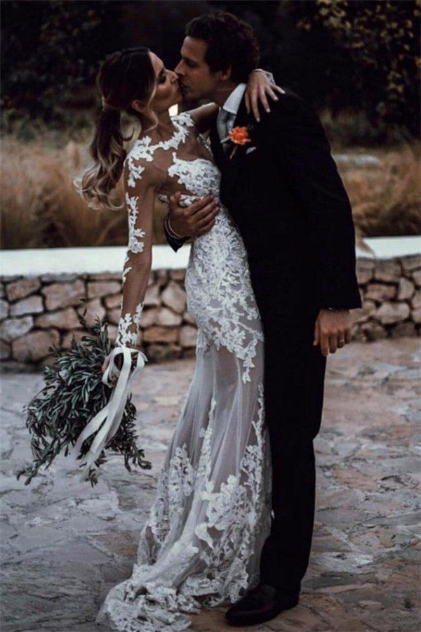 Romantic Long Sleeved Mermaid Lace Wedding Dress-Wedding Dresses-BallBride
