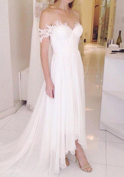 Romantic Off-the-Shoulder Chiffon Wedding Dress With Appliques-Wedding Dresses-BallBride