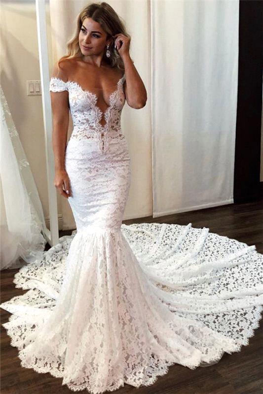 Romantic Off-the-Shoulder Mermaid Wedding Dress With Appliques Lace-Wedding Dresses-BallBride
