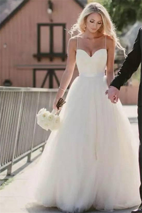 Romantic Spaghetti-Straps Tulle Long Wedding Dress-Wedding Dresses-BallBride