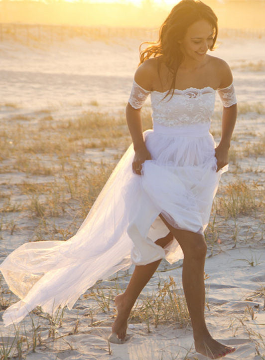 Romantic Summer Beach Wedding Dress with Tulle and Lace Bridal Gown-Wedding Dresses-BallBride