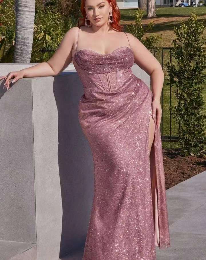 Rose Gold Mermaid Sequins Prom Dress with Spaghetti Straps and Slit-BallBride